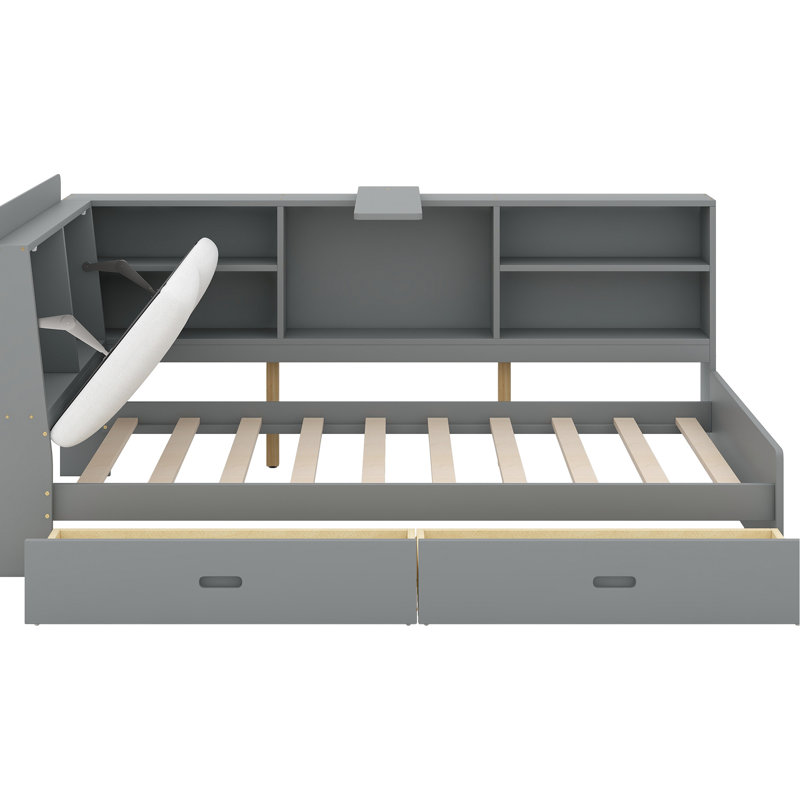 Lit plateforme élégant avec rangement tête de lit simple, tablettes, 2 tiroirs, chambre à coucher en bois Grace