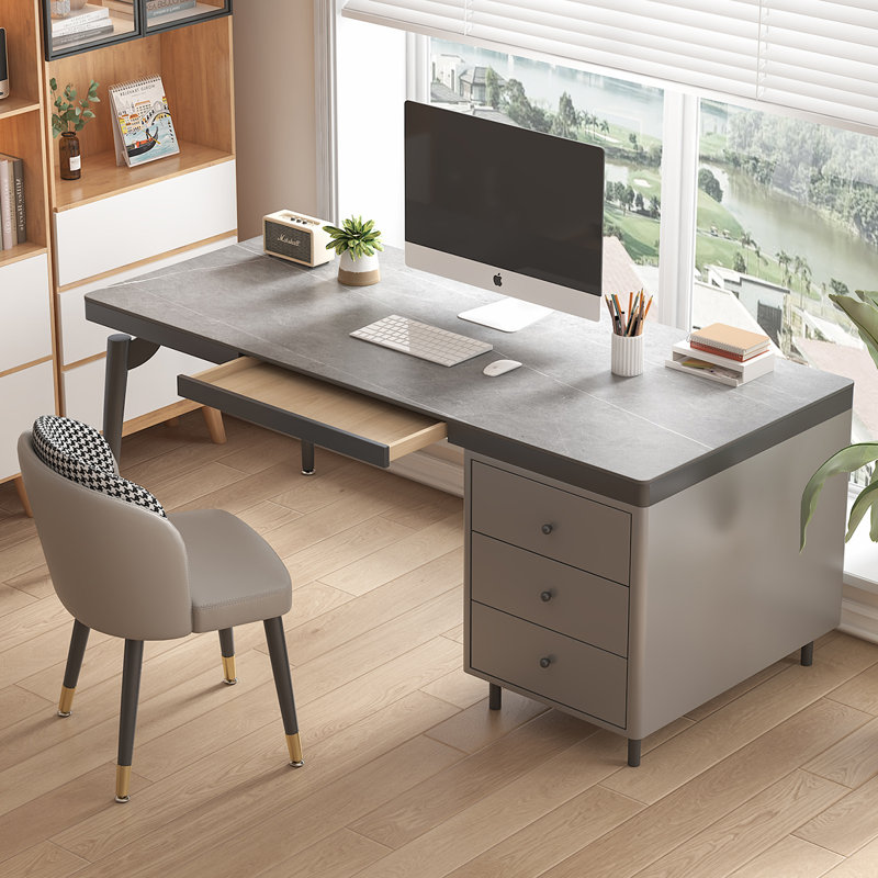 Bureau d'écriture rectangulaire en pierre frittée 55,12 po gris, 4 tiroirs, H 29,53 po x l 55,12 po x P 23,62 po