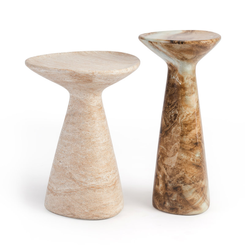 Modern Faux Stone Side Table Travertine and Onyx Finish Set of 2 for Indoor and Outdoor Use