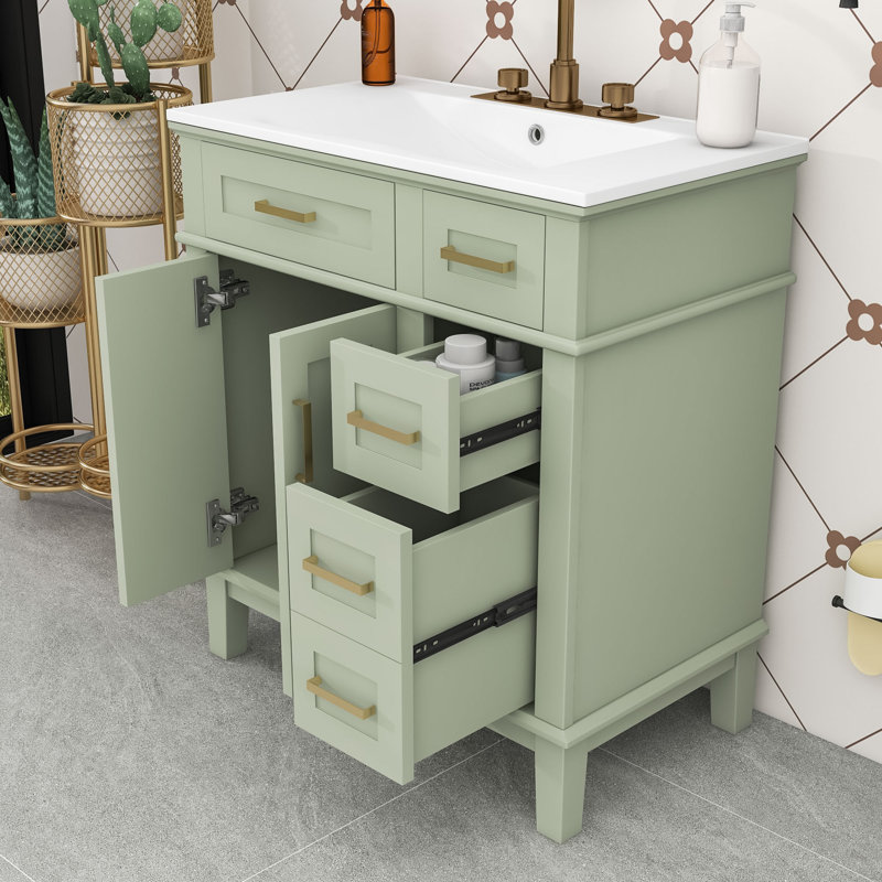 Meuble-lavabo autoportant avec lavabo en céramique, armoire de rangement à fermeture en douceur et tiroirs, Vert / blanc