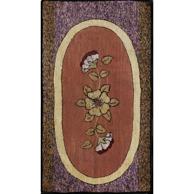 Antique Purple Color Field Floral Inlay Design Small American Folk Art Hooked Rug