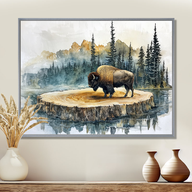 Bison américain dans un paysage d'été I - Bison, art mural, H 12 po x l 20 po, Cadre flottant, Argent argent