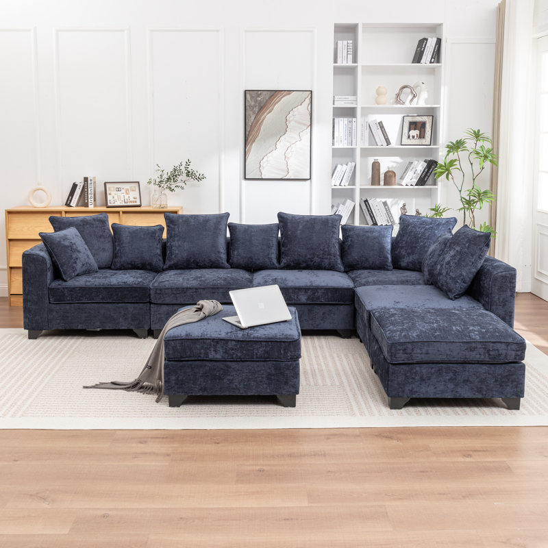 Canapé modulaire en L 7 pièces Bennett, Chenille bleu