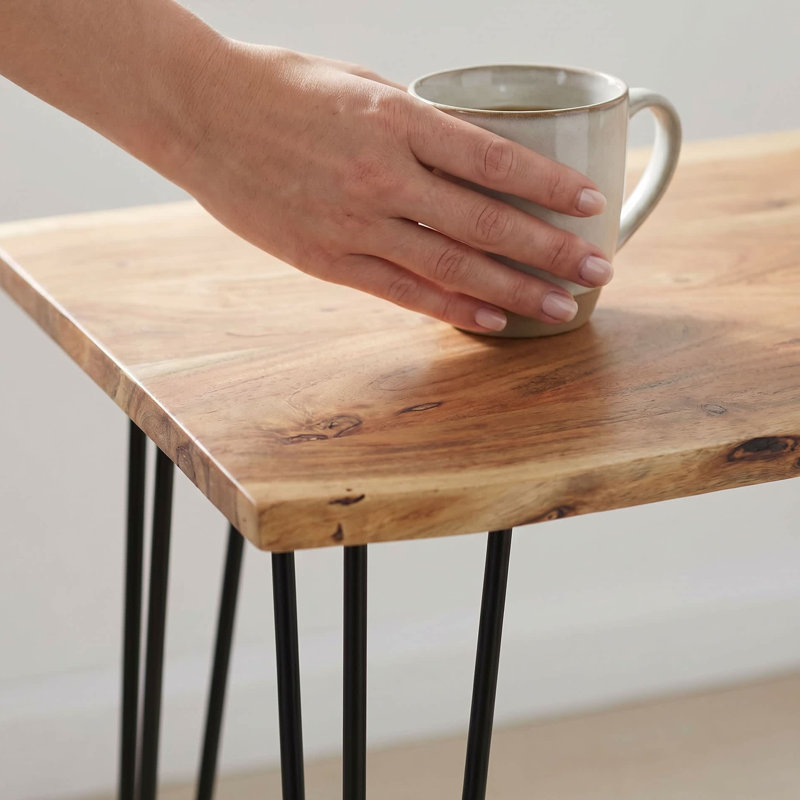 Table de bar moderne en bois d'acacia avec base en métal, Noir, Naturel, Hauteur de comptoir (36 po)