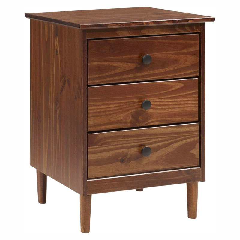 Midcentury Walnut Brown 3-Drawer Solid Wood Nightstand