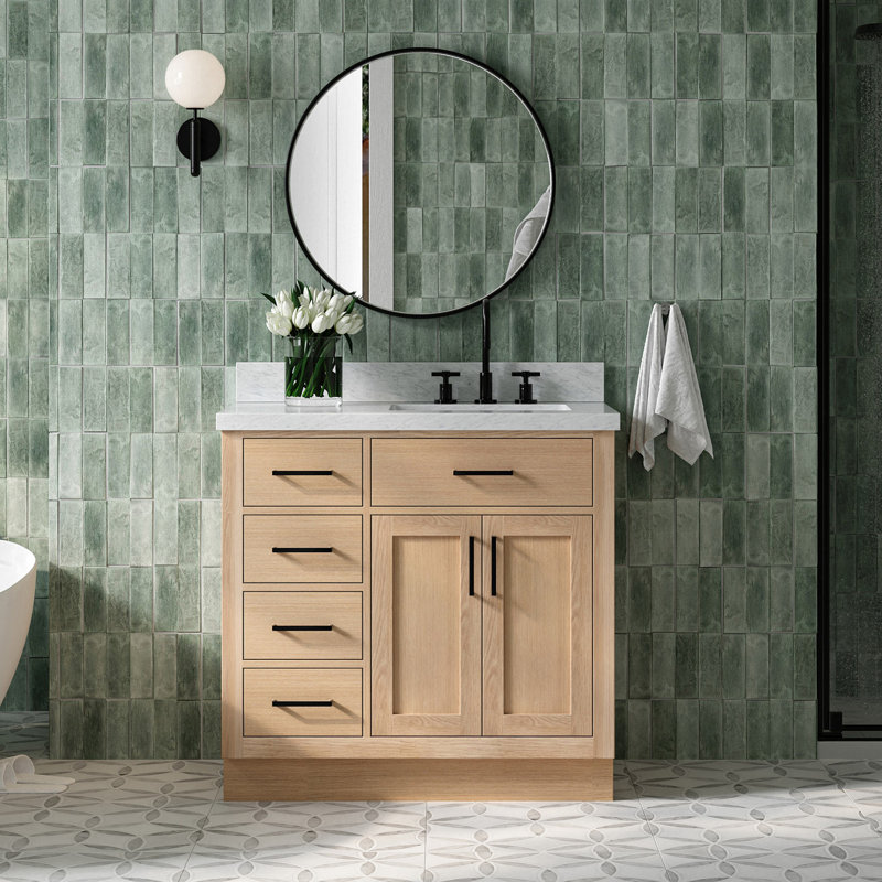 ARIEL HEPBURN 37 IN RIGHT OFFSET RECTANGULAR SINK VANITY 1,5 IN, Natural Oak, Right, Rectangular