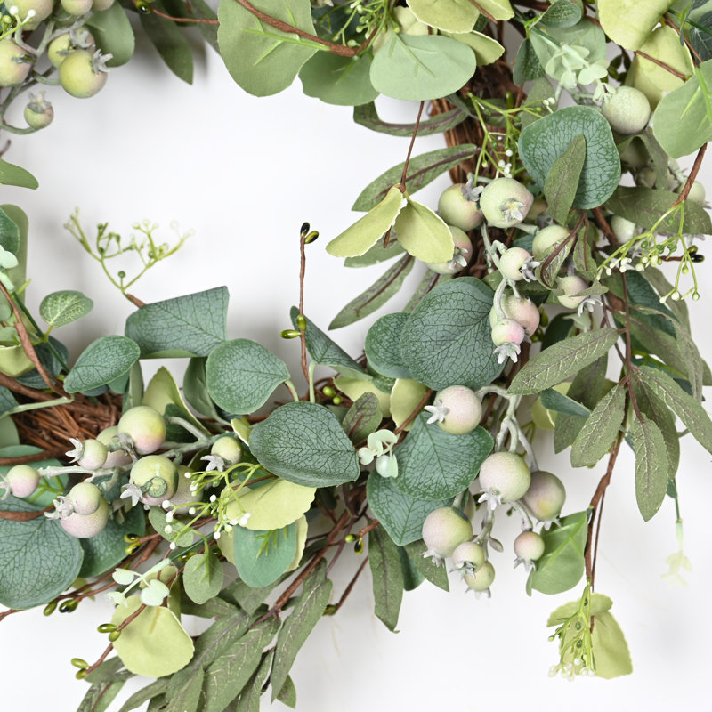 18" Farmhouse Artificial Spring Summer Eucalyptus Berry Front Door Wreath