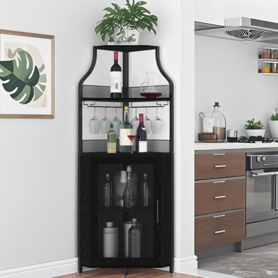 Corner Wine Cabinet with Wine Rack & Glass Holder - 5 Tier Modern Industrial Bar Cabinet for Kitchen, Living Room & Dining Room, Black by Latitude Run