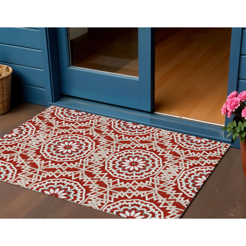 Tapis intérieur / extérieur 3 pi x 5 pi beige et ivoire à motif de médaillon floral lavable