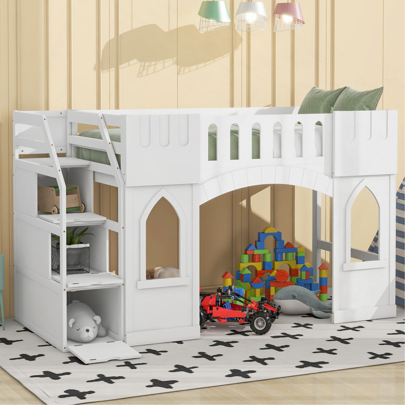 Lit mezzanine simple avec escalier de rangement et fenêtre, blanc