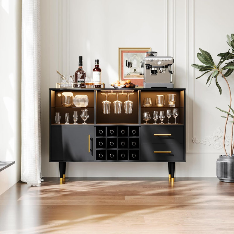 Bar Cabinet with LED Charging Station, Buffet & Sideboard Table, Black