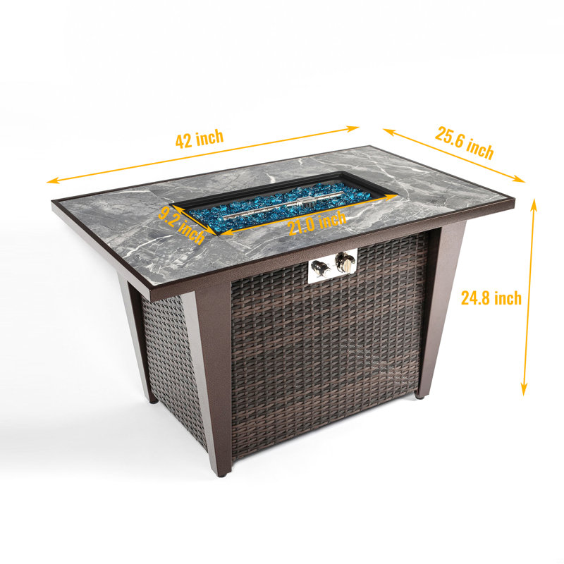 Rattan Fire Pit Table With Ceramic Tile Tabletop, Glass Wind Guard And Rain Cover, Lid