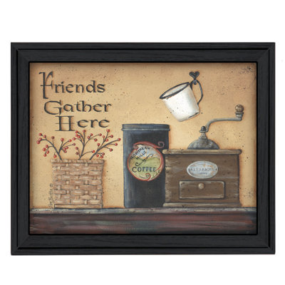«Friends Gather Here», art mural encadré pour le salon, décoration murale par Pam Britton, cadre noir