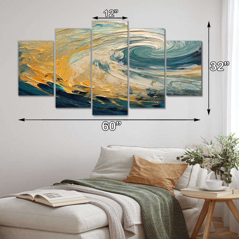 «Golden Ocean», reproduction d'art en spirale abstraite - 5 panneaux