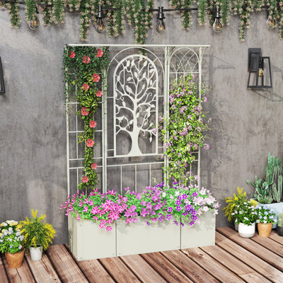 Boîte à fleurs en métal avec treillis, lit de jardin surélevé en métal pliable, conception Tree of Life, pour plantes grimpantes, fleur