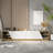 Arelene 94'' W Low-Profile TV Stand with Geometric Doors and Open Shelves, White and Oak Finish