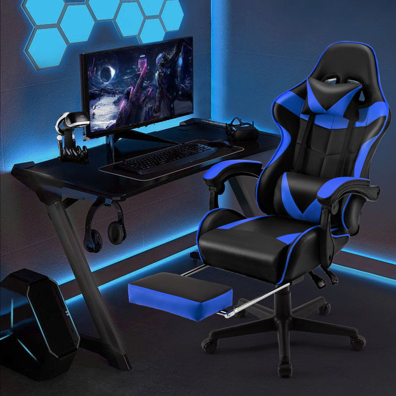 Soontrans Gaming Chair with Footrest High Back Office Chair with Headrest&Massage Lumbar Support Swivel Ergonomic Gaming Chair for Adults, Blue