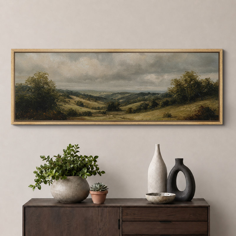 «Rolling Countryside Landscape», impression sur toile encadrée pour décor rustique traditionnel, H 20 po x l 60 po, Naturel