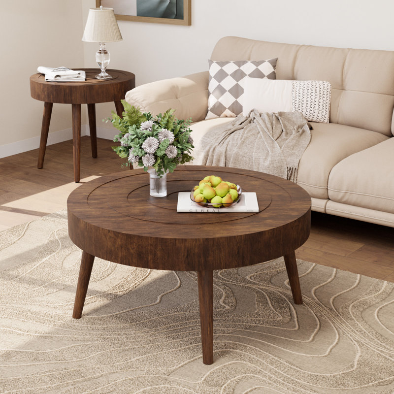 Bouthillier 2 Piece Coffee Table Set, Traditional MDF Round and End Table Set, Dark Brown