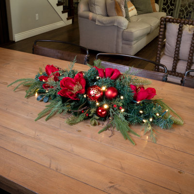 Décoration de table pré-éclairée à DEL - Magnolia rouge feuille d'or