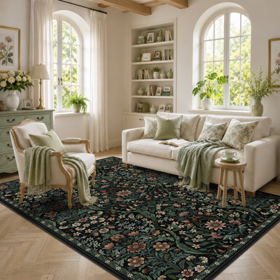 Washable Area Rug - Vintage Boho Botanical Low-Pile Rug