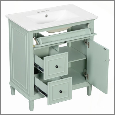 Meuble-lavabo 30 po avec lavabo, meuble-lavabo avec un tiroir rabattable et deux tiroirs, tablette réglable, bois massif et panneau de fibres à densité moyenne, vert