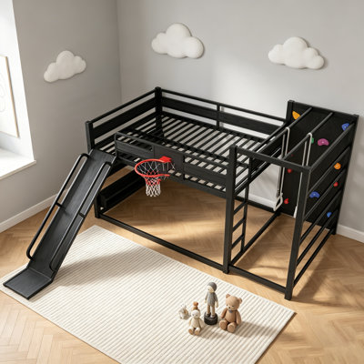 Lit superposé en métal avec panier de basketball, anneaux de traction, mur d'escalade et étagères pour s'amuser et apprendre