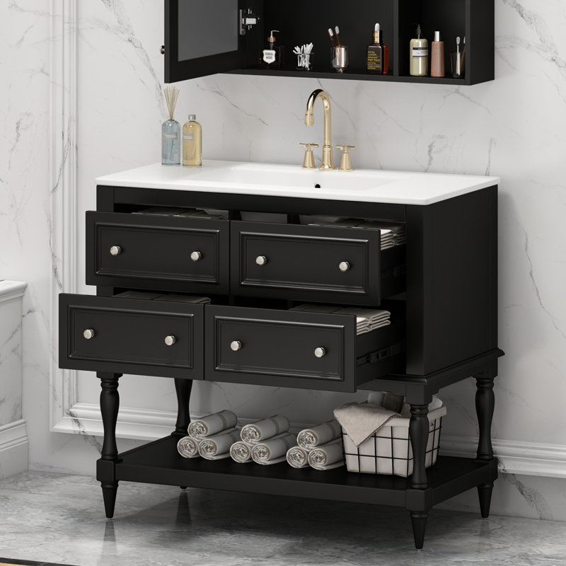 Meuble-lavabo de 36 po avec lavabo - noir. Structure en bois massif, rangement à 4 tiroirs. Bassin en céramique encastré. Solution élégante. Armoire en bois facile à assembler, tiroirs. Évier. Organisation généreuse. Simple