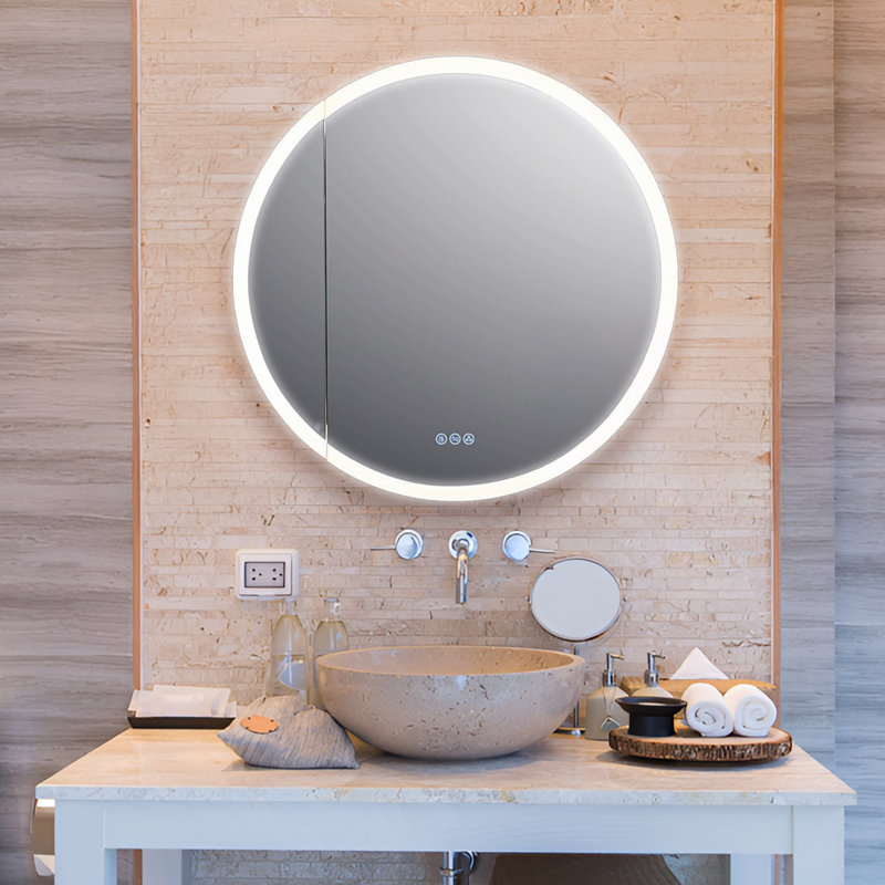 Pharmacie ronde 32 pouces à DEL avec miroir à luminosité réglable, désembueur, fermeture en douceur, tablettes de rangement, rangement en surface ou encastré pour salle de bain