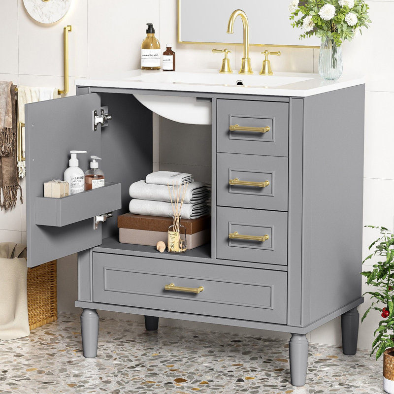 30'' Freestanding Bathroom Vanity With Ceramic Sink, Gray