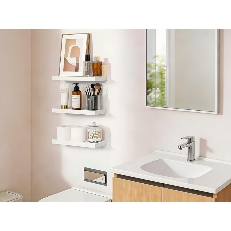 Tablettes flottantes blanches, ensemble de 3 tablettes murales avec supports cachés, rangement robuste pour salle de bain, chambre à coucher, cuisine, salon, installation facile, compatible avec plusieurs murs
