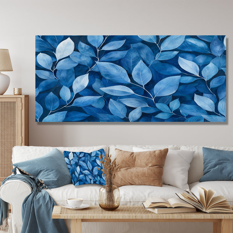 Indigo feuilles feuillage collage I - feuilles, art mural, H 28 po x l 60 po, Toile tendue, Ne s’applique pas