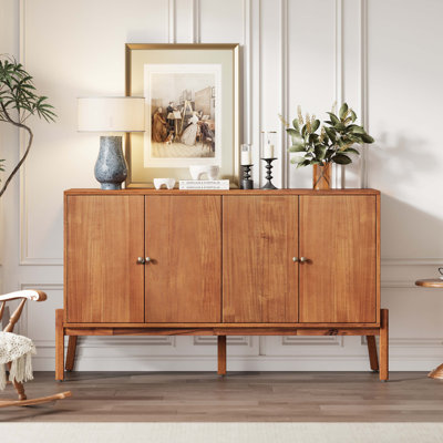 Buffet rétro, l 56,8 po x P 18 po x H 34,2 po, armoire de rangement à 4 portes avec poignées en métal, panneau de fibres à densité moyenne et placage d'acacia, finition pour la salle à manger ou le salon