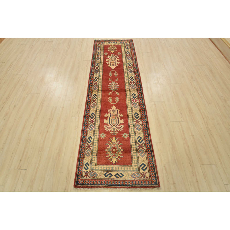 Tapis de style tribal rouge en laine noué à la main 2 pi 9 po x 9 pi Kazak Runner