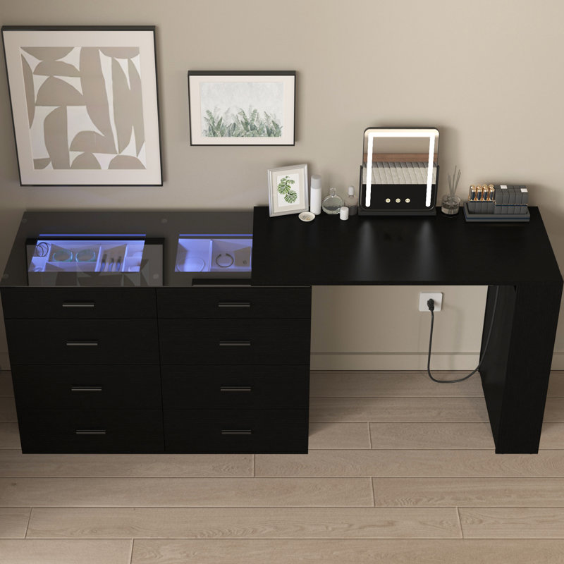 Expandable Makeup Vanity With Glass Display, 8 Drawers And Shelf Storage