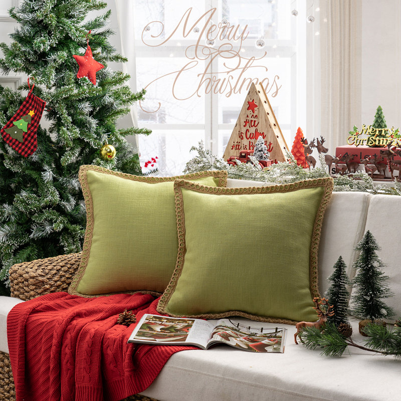 Chrismas Linen Edge Collection Embroidered Linen Reversible Throw Pillow, 22''H x 22''W, Water Green