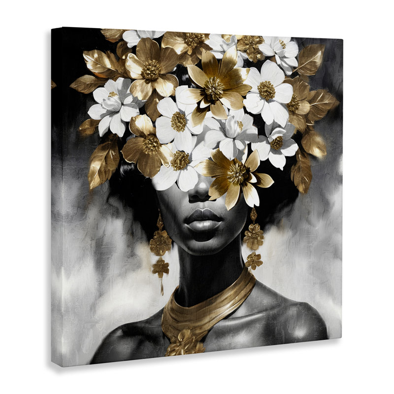 «Woman & Gold Flowers», art mural sur toile par Kim Allen, H 36 po x l 36 po