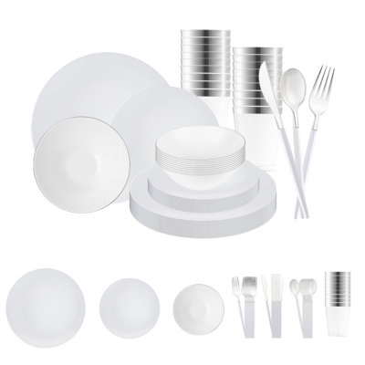 White with Silver Organic Disposable Plastic Tableware Set - 120 Settings