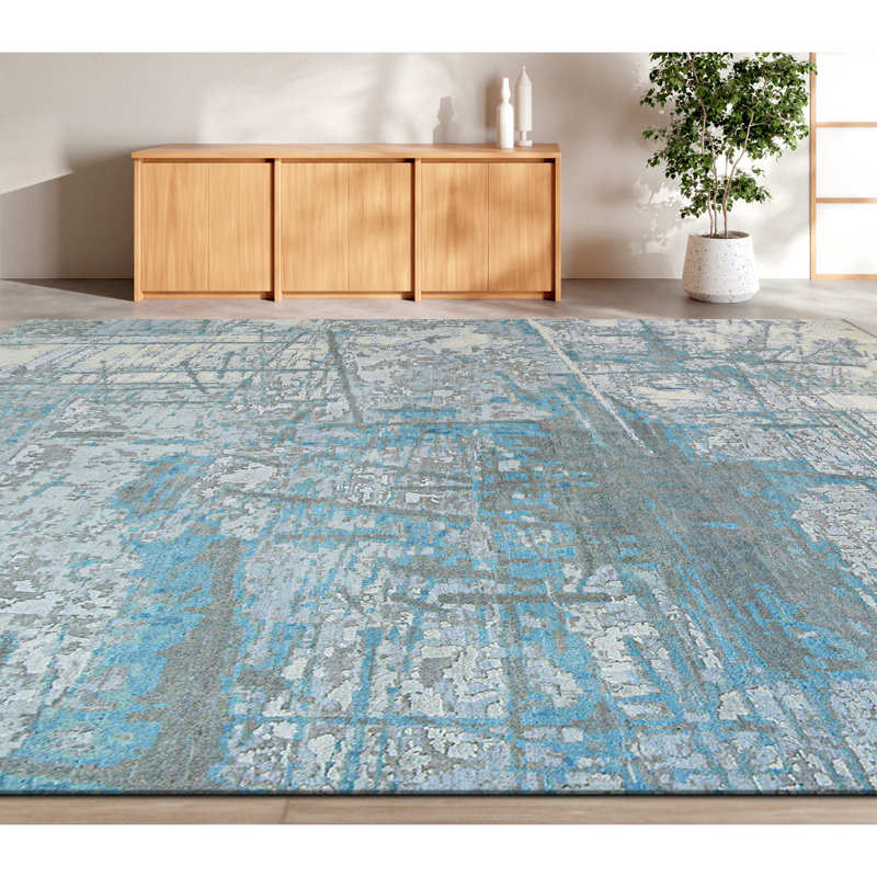 Tapis bleu et gris noué à la main de haute qualité, Rectangle 2 pi x 3 pi