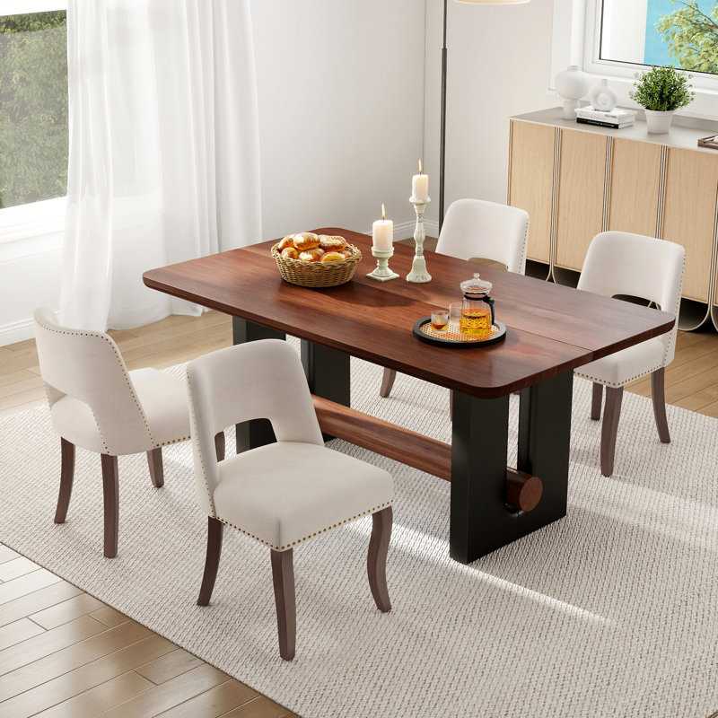 Table compacte en noyer et noir avec 4/6 chaises en tissu, style compact pour la cuisine / salle à manger, Beige