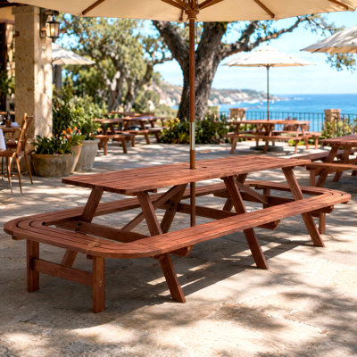 8-Ft Extra Long Wooden Picnic Table with Benches, 14–16 Person Rectangular Outdoor Dining Table with Umbrella Hole for Patio, Garden & Backyard, Brown**