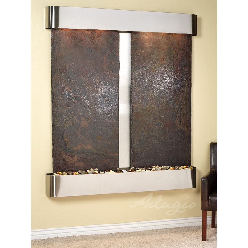 Cottonwood Falls Fountain with Light, Stainless Steel, Green Slate, Square