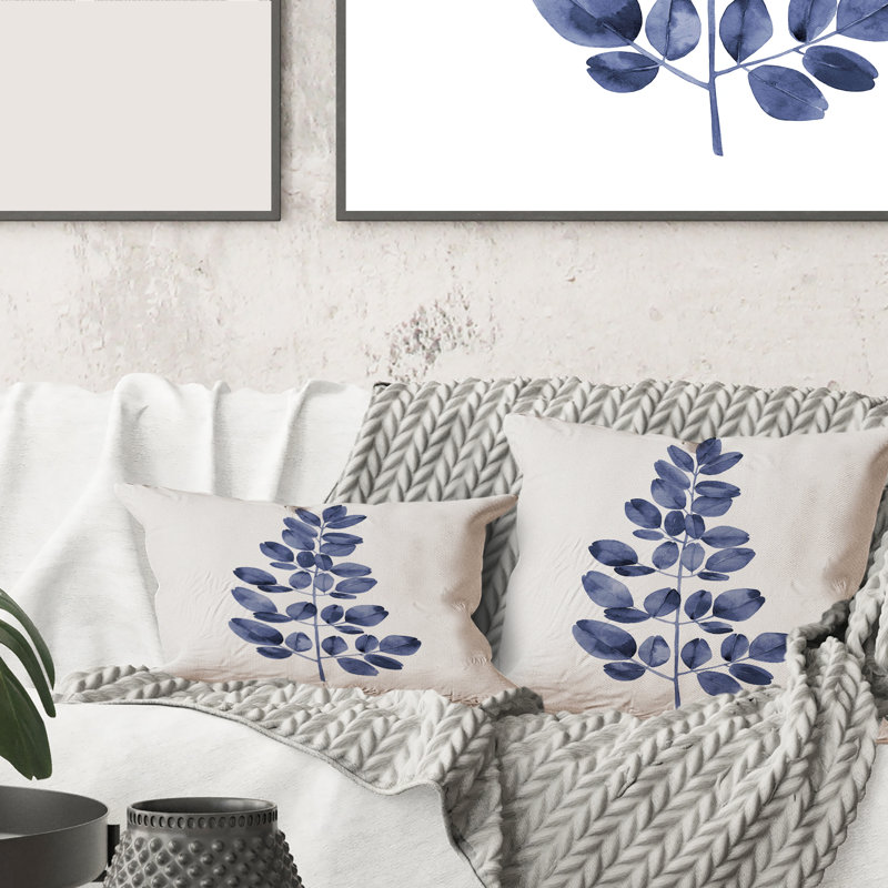 Carré, eucalyptus bleu marine II - coussin décoratif traditionnel imprimé, 16" x 16"