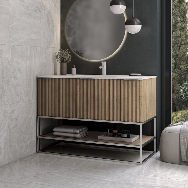 Terra 48'' Single Bathroom Vanity with Top, White Quartz/Single Faucet Mount, Cashmere Gray, Brushed Nickel