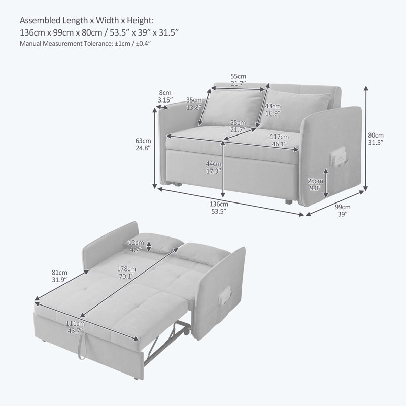 Salom 53.5'' Convertible Sofa Bed 3-in-1 Reclining Sleeper With Ajustable Armrests, Fabric Yellow