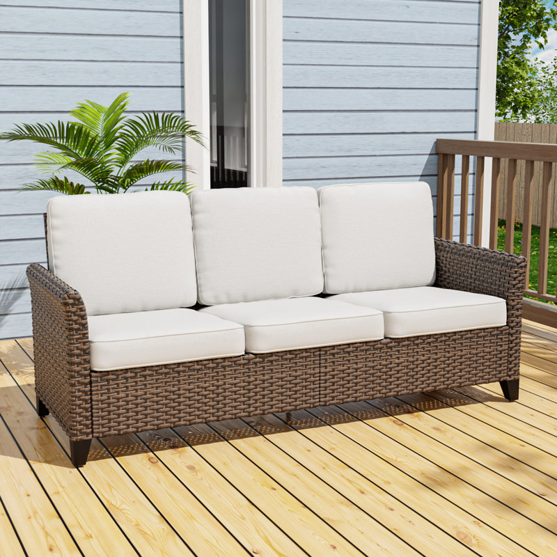 Mix Brown Rattan Wicker Patio Outdoor Spacious 3-Seat Sofa with Curved Armrest, Beige