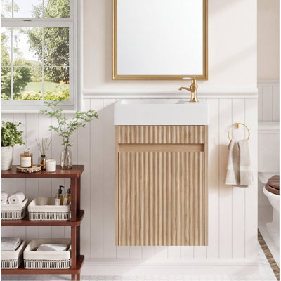 15.7" Floating Bathroom Vanity with Reversible SMC Sink - Wall-Mounted MDF Cabinet, Handleless Push-to-Open, Soft-Close Hinges, Wood Finish