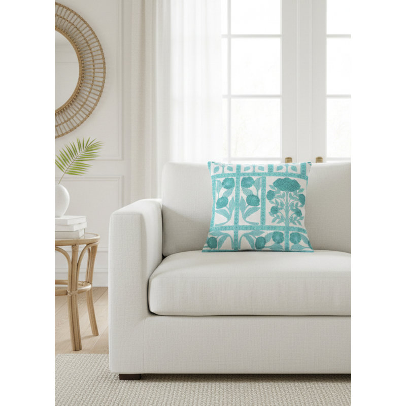 Teal Blossom Field Linen Pillow 20x20 with Down Insert