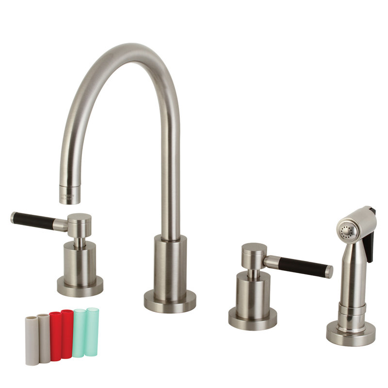 Kingston Brass Kaiser Double-Handle 4-Hole Widespread Kitchen Faucet with Brass Sprayer, Brushed Nickel