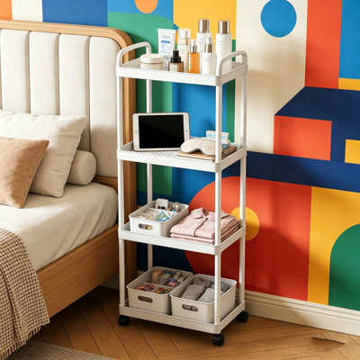 Chariot utilitaire roulant en plastique à 4 niveaux avec poignée, chariot de rangement multifonctionnel pour bureau, salon, cuisine, organisateur de rangement mobile avec roues, blanc